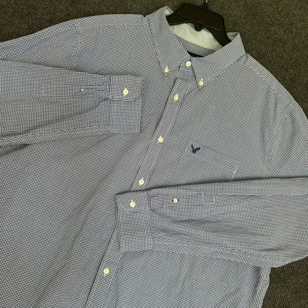 American Eagle Classic Fit Mens XXL Shirt Blue White Small Check LS Button Down